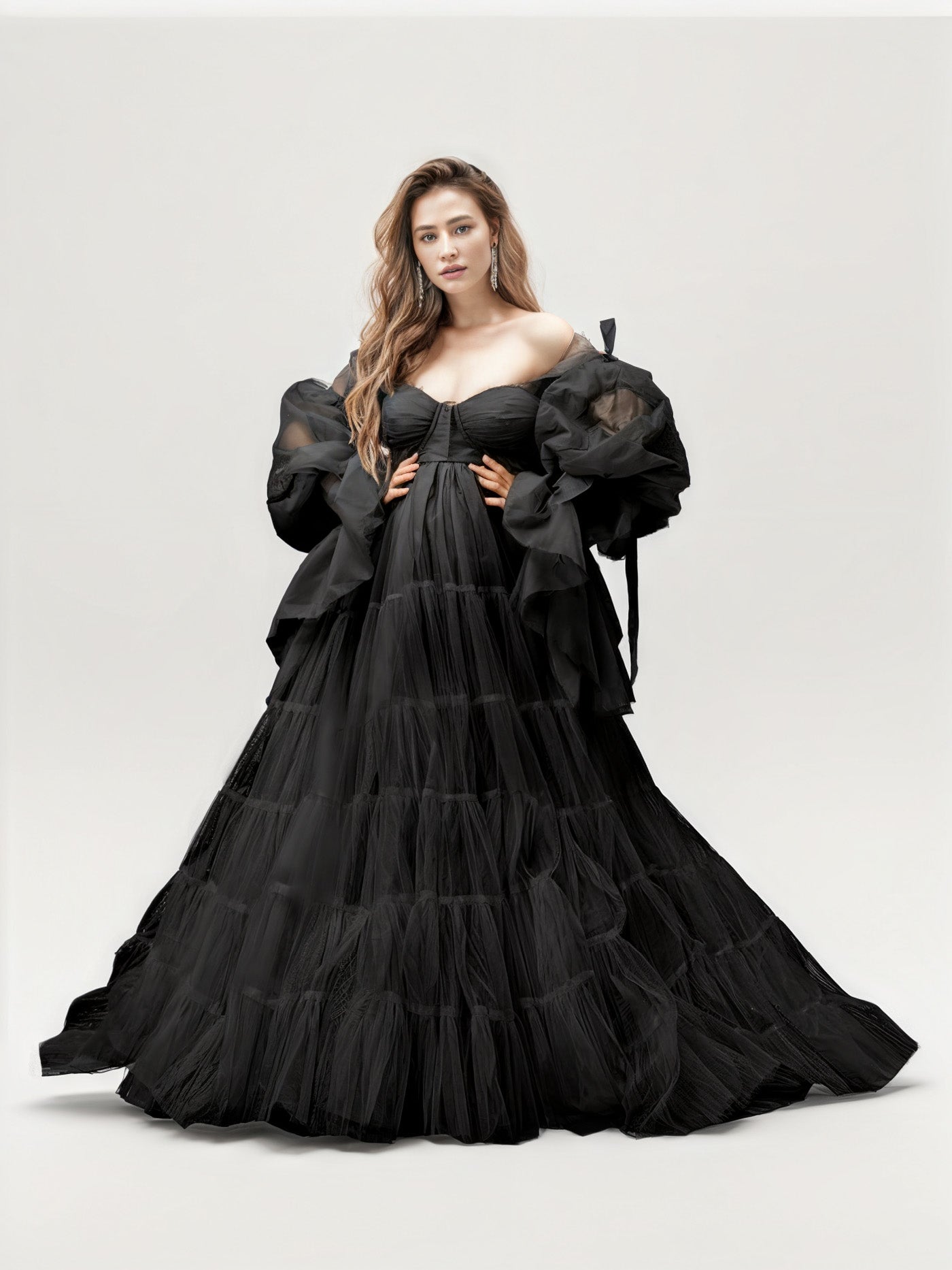 A-Line Tulle Robe Sheer Long Sleeves Maternity Dress for Photography RB2