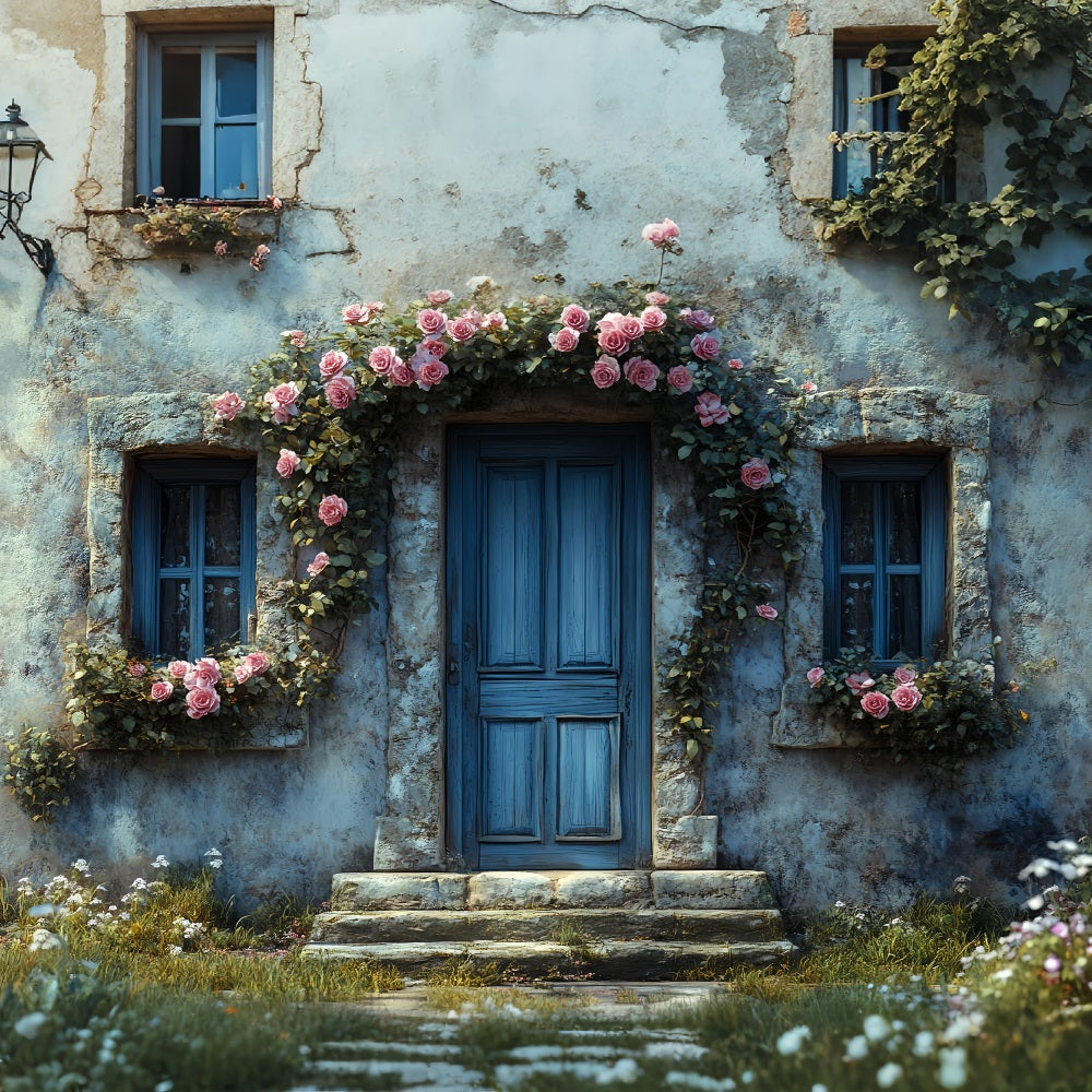 Spring Backdrops Rustic Stone House Framed Rose Backdrop UK BRP1-10