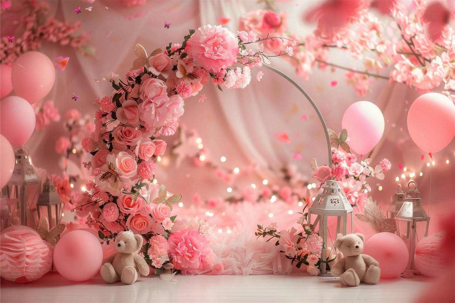 Valentine's Day Backdrop Dreamy Floral Archway Teddy Backdrop UK BRP1-113