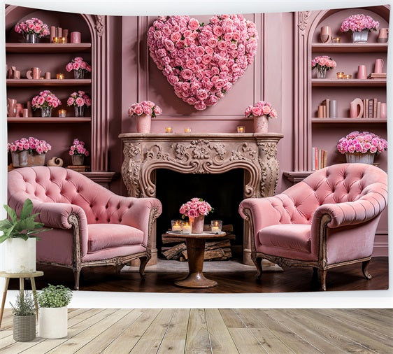 Valentine Photography Backdrop Heart Floral Chairs Fireplace Backdrop UK BRP1-126