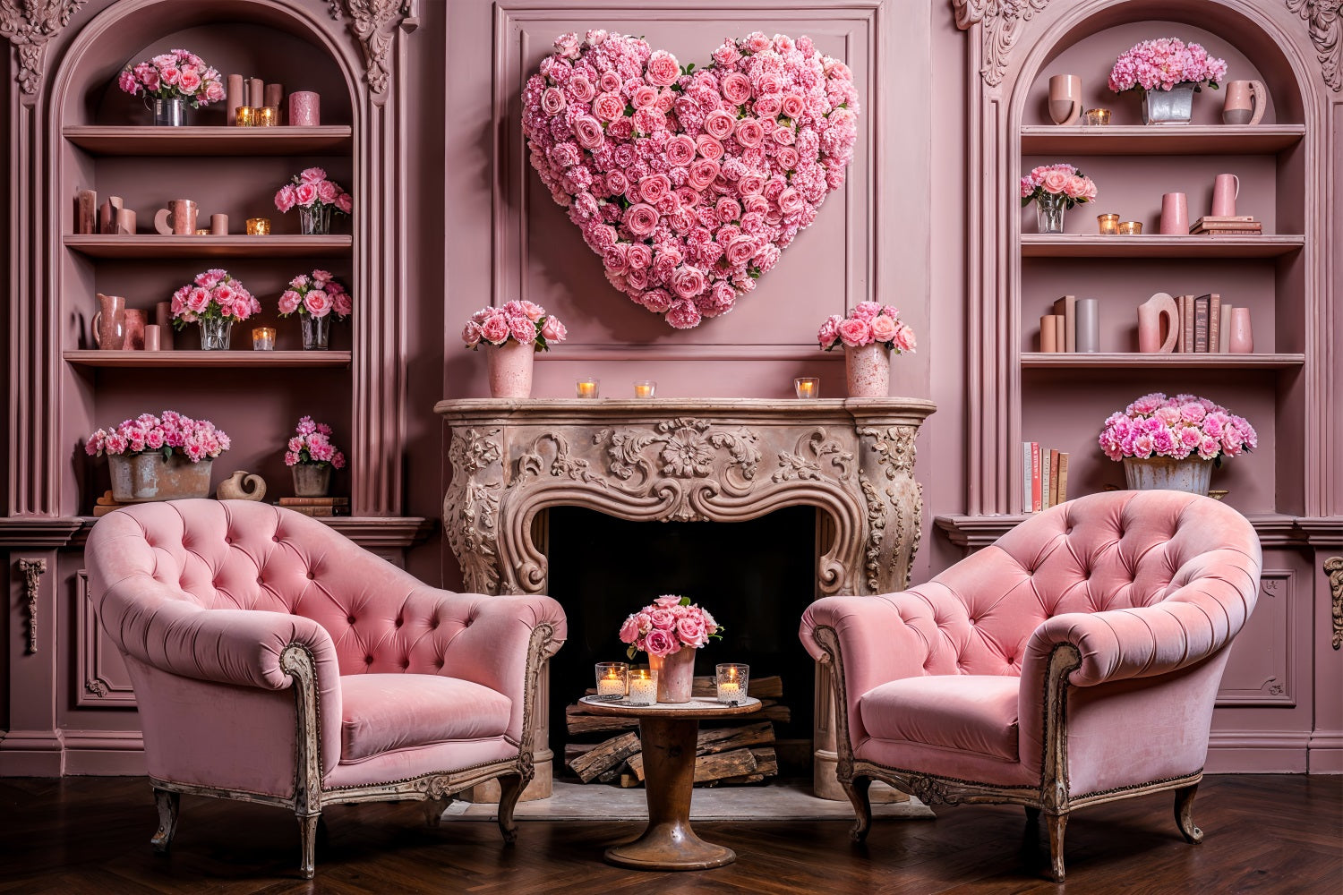 Valentine Photography Backdrop Heart Floral Chairs Fireplace Backdrop UK BRP1-126