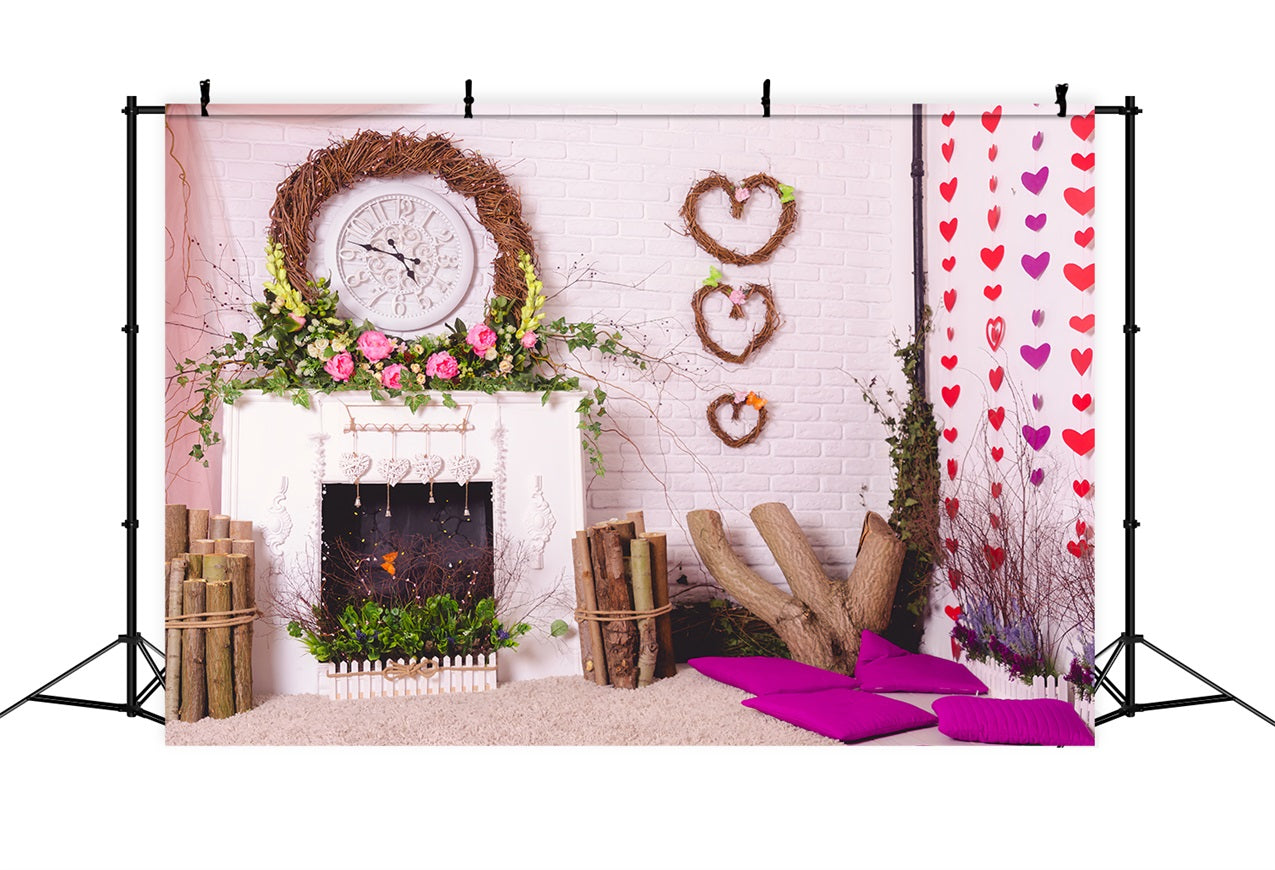 Photography Backdrops Valentine Fireplace Wreath Flowers Backdrop UK BRP1-140