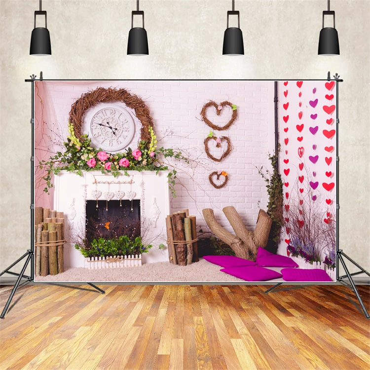 Photography Backdrops Valentine Fireplace Wreath Flowers Backdrop UK BRP1-140