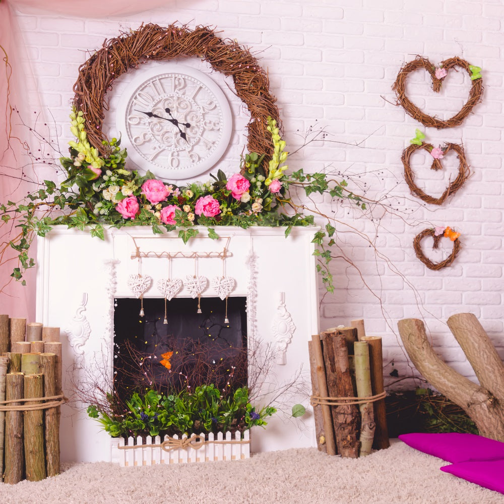 Photography Backdrops Valentine Fireplace Wreath Flowers Backdrop UK BRP1-140