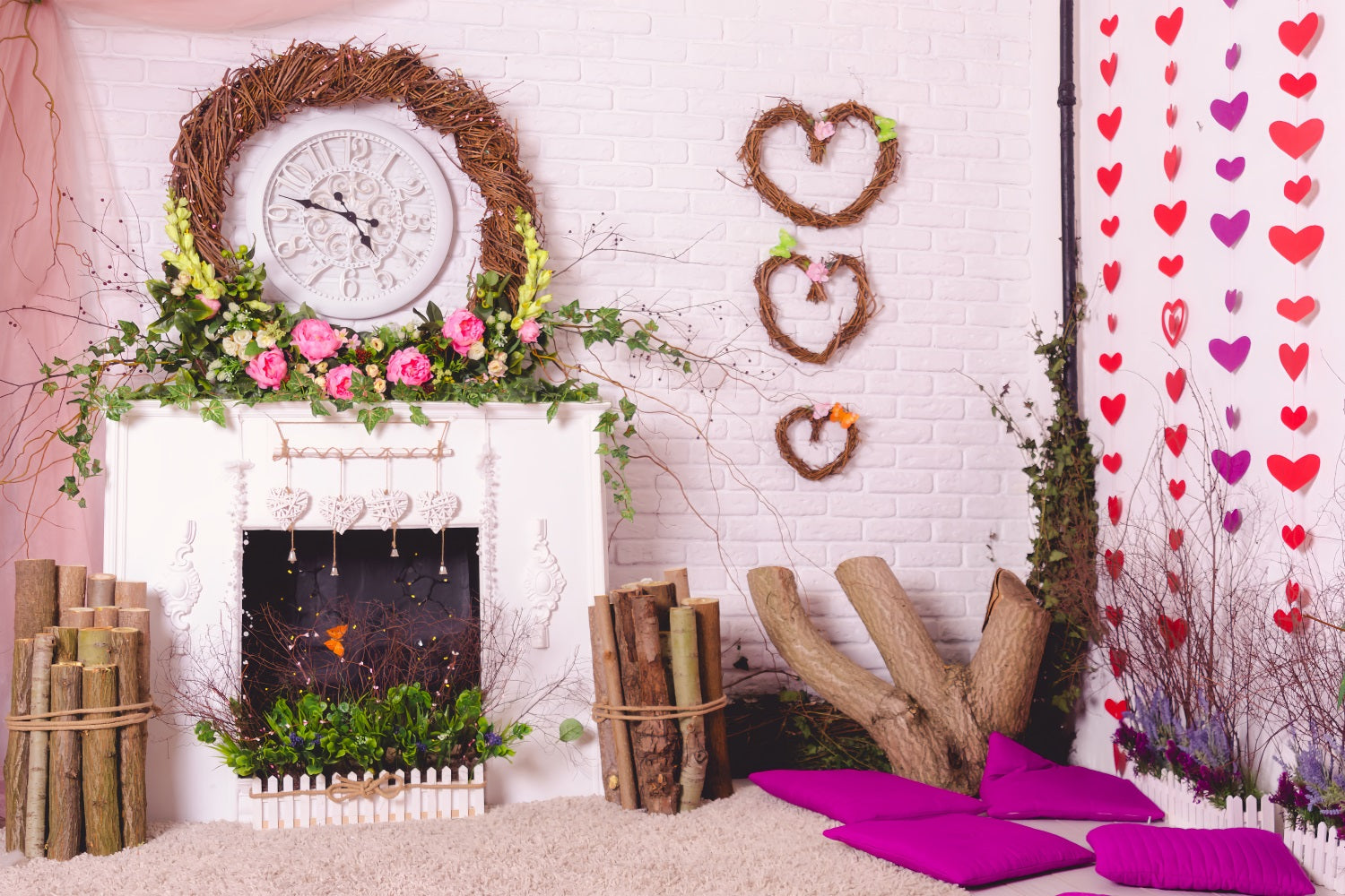 Photography Backdrops Valentine Fireplace Wreath Flowers Backdrop UK BRP1-140