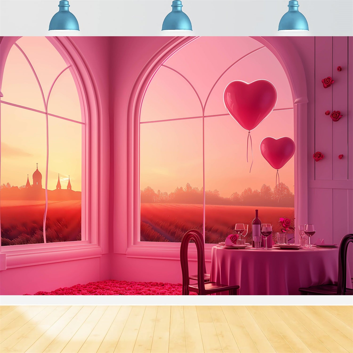 Backdrop For Valentines Day Sunset Windows Heart Balloons Backdrop UK BRP1-149