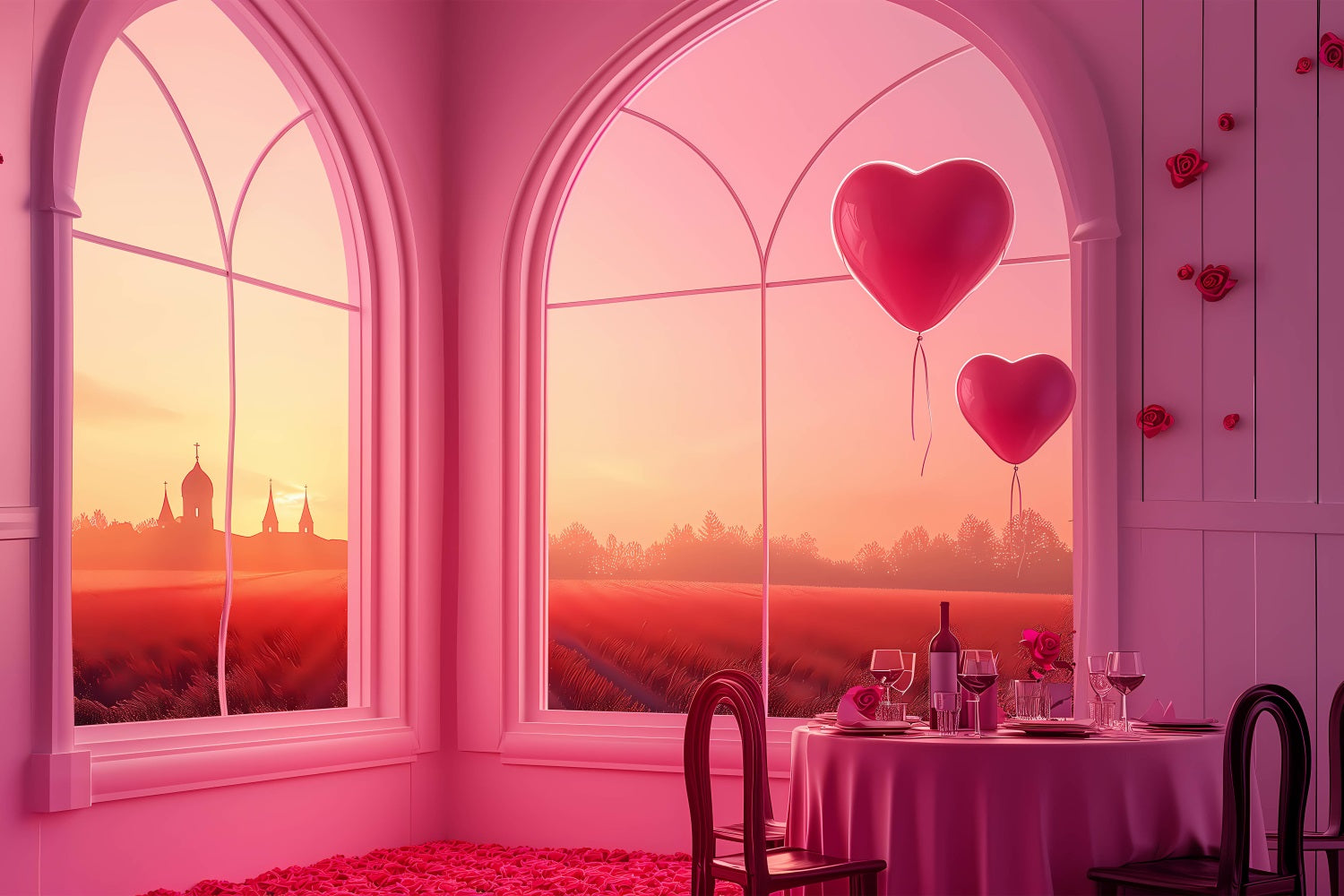 Backdrop For Valentines Day Sunset Windows Heart Balloons Backdrop UK BRP1-149