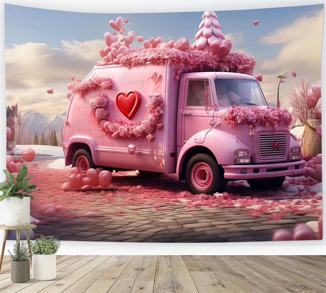 Backdrop For Valentines Pink Floral Truck Scene Backdrop UK BRP1-155