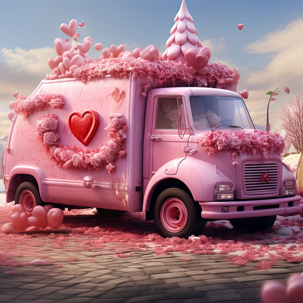 Backdrop For Valentines Pink Floral Truck Scene Backdrop UK BRP1-155