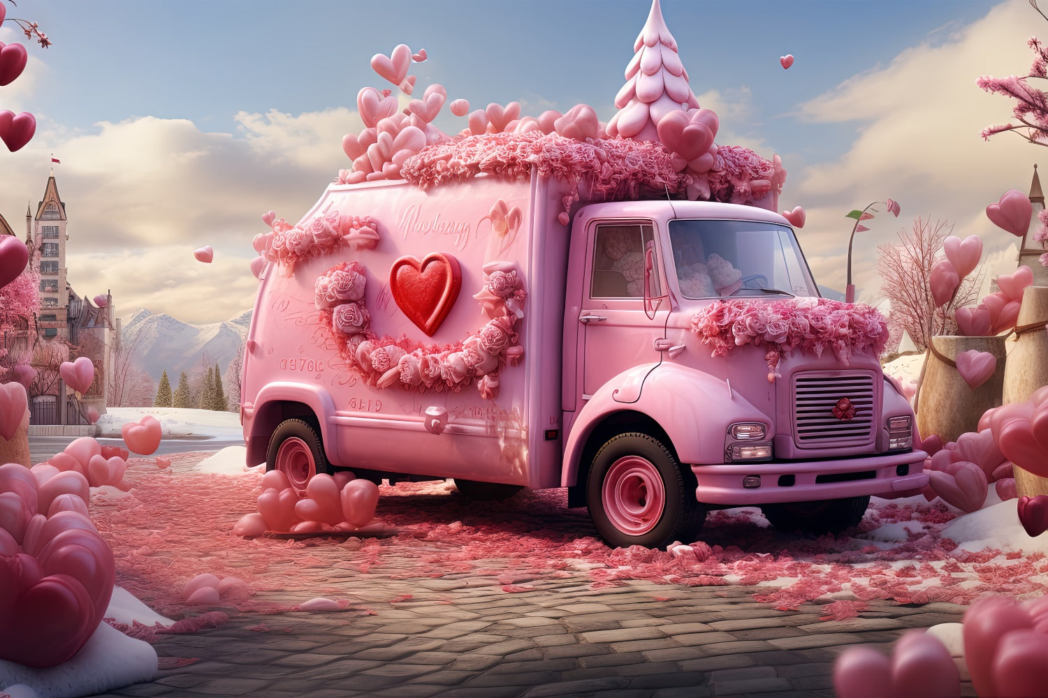 Backdrop For Valentines Pink Floral Truck Scene Backdrop UK BRP1-155