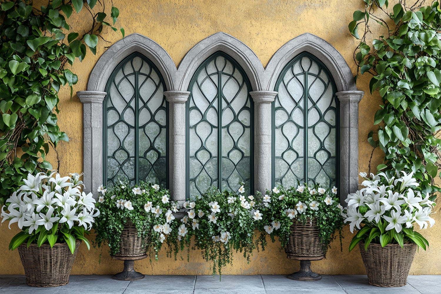 Backdrop Spring White Lily Baskets Stone Window Backdrop UK BRP1-16