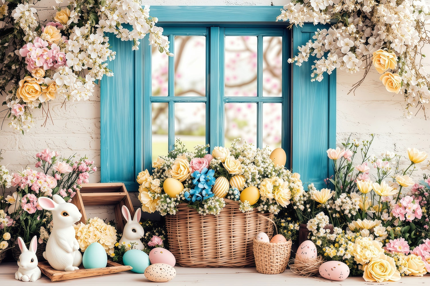 Easter Photography Backdrop Eggs Springtime Floral Window Backdrop UK BRP1-216