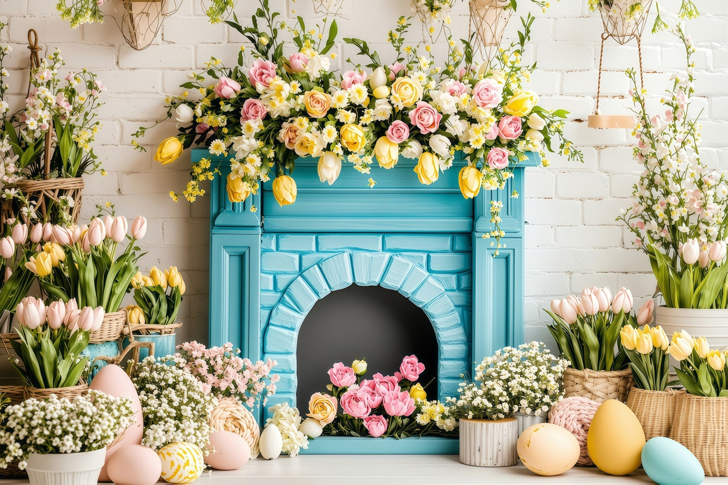 Photo Backdrops Easter Spring Fireplace Egg Basket Backdrop UK BRP1-217