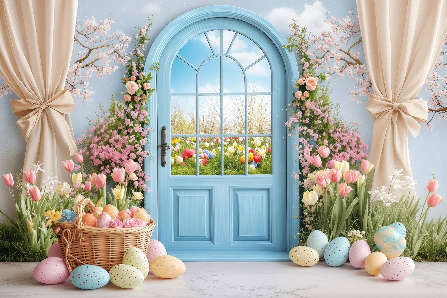 Easter Backdrop Photography Spring Garden Blue Door Backdrop UK BRP1-225