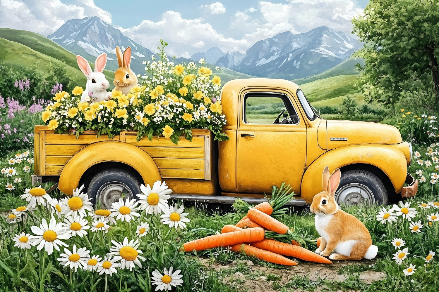 Easter Backdrops Photos Enchanted Yellow Truck Bunny Backdrop UK BRP1-226