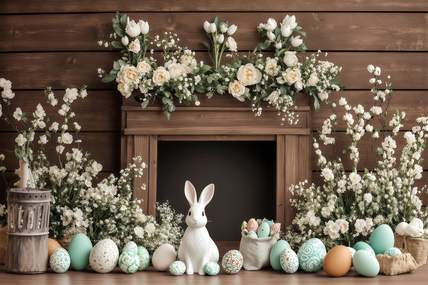 Backdrops Easter Classic Wooden Mantel Bunny Backdrop UK BRP1-235