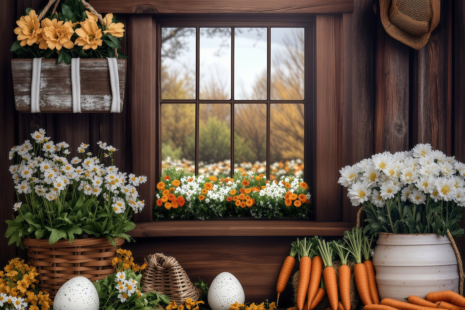 Easter Spring Backdrops Rustic Window Carrot Scene Backdrop UK BRP1-237