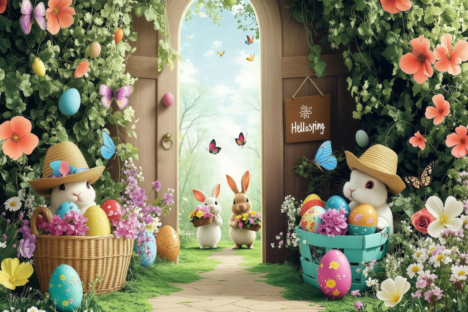 Easter Backdrops Spring Butterflies Bunny Gathering Backdrop UK BRP1-245