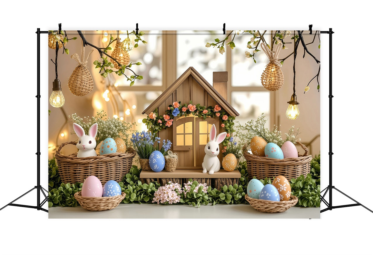 Easter Bunny Backdrop Illuminated Cottage Egg Scene Backdrop UK BRP1-249