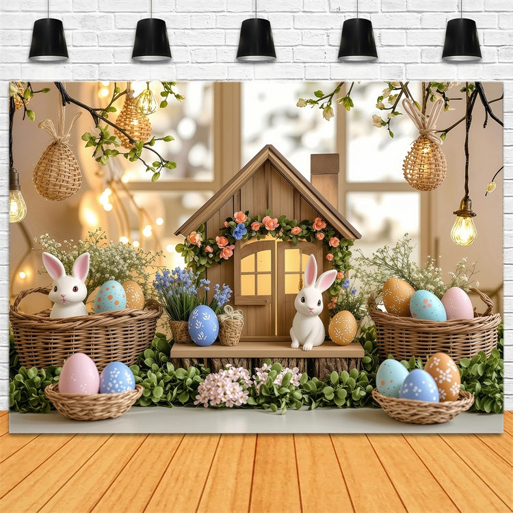 Easter Bunny Backdrop Illuminated Cottage Egg Scene Backdrop UK BRP1-249