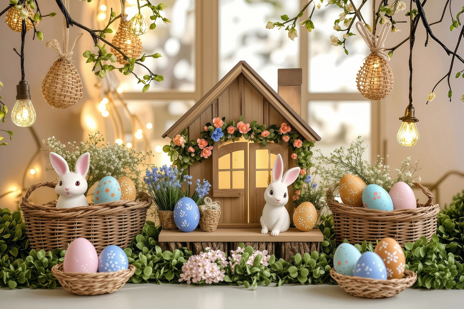 Easter Bunny Backdrop Illuminated Cottage Egg Scene Backdrop UK BRP1-249