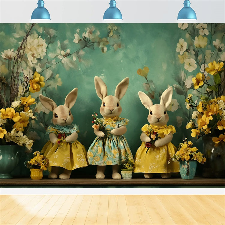 Easter Photo Backdrop Bunny Trio Floral Accents Backdrop UK BRP1-252