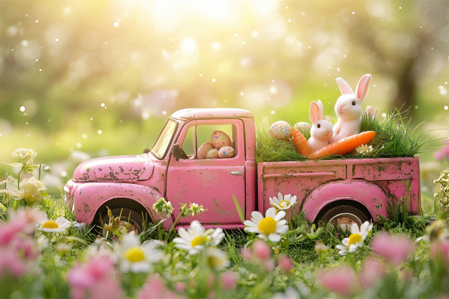 Photo Backdrops Easter Vintage Pink Truck Garden Backdrop UK BRP1-257