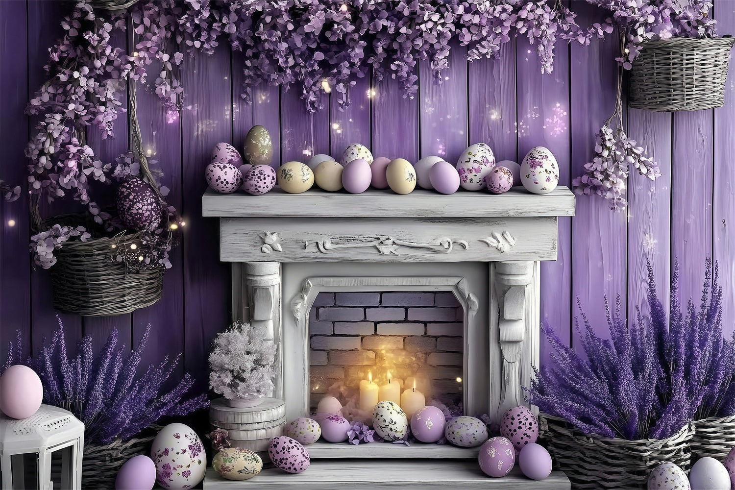 Easter Photo Backdrop Violet Bunny Fireplace Decor Backdrop UK BRP1-259