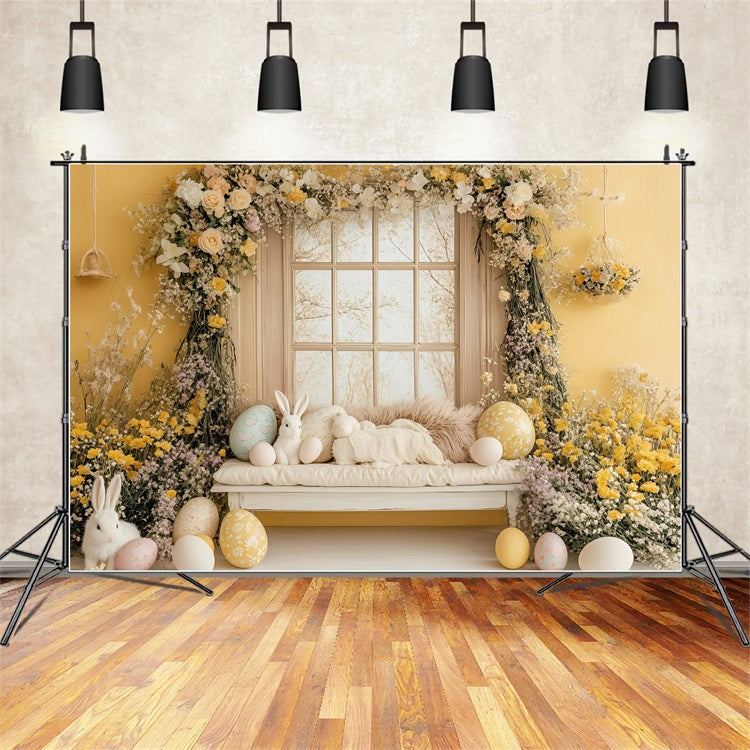 Easter Backdrops Photography Golden Floral Bunny Window Backdrop UK BRP1-262