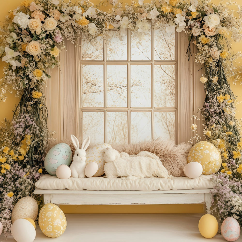 Easter Backdrops Photography Golden Floral Bunny Window Backdrop UK BRP1-262