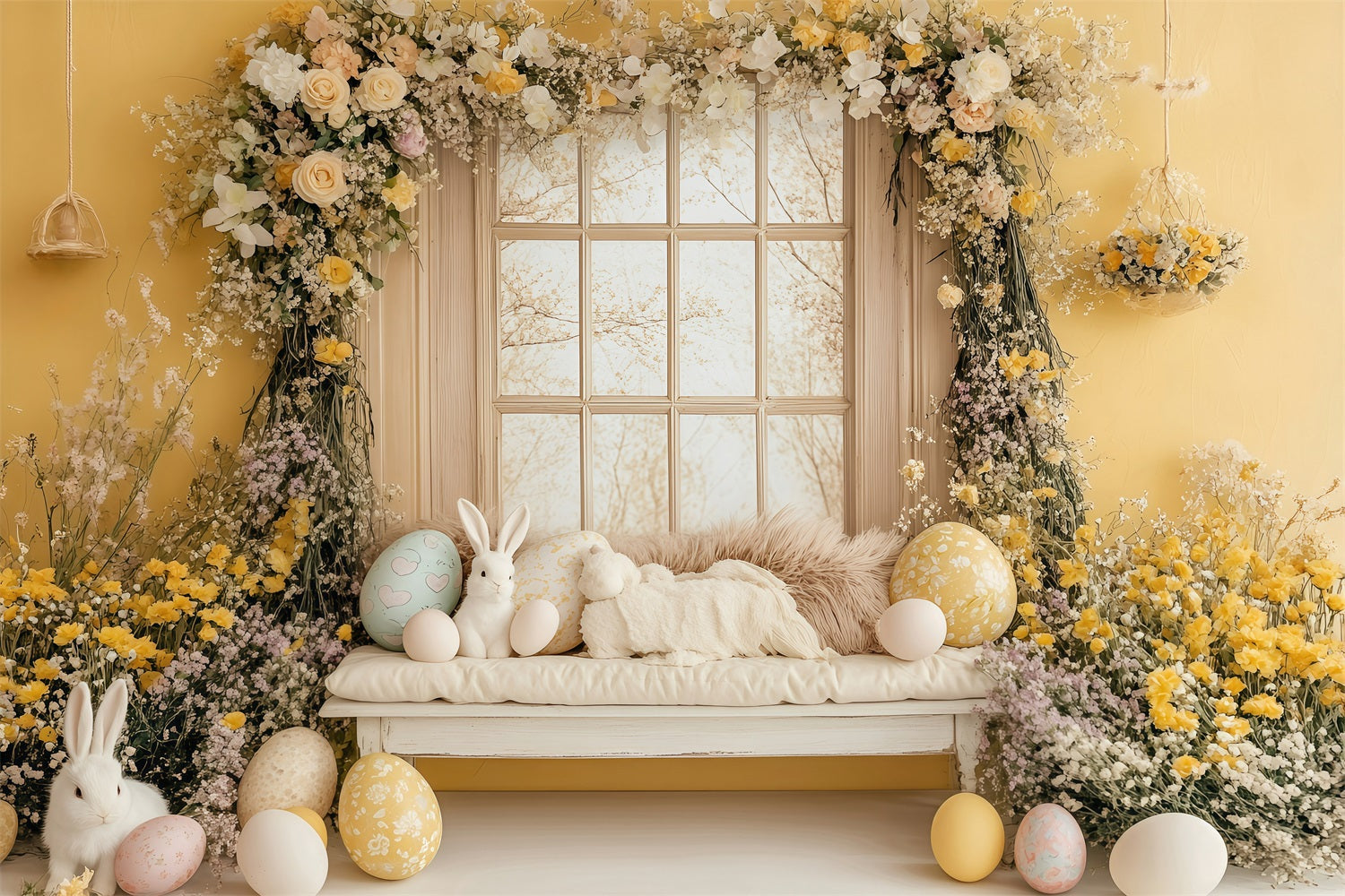 Easter Backdrops Photography Golden Floral Bunny Window Backdrop UK BRP1-262