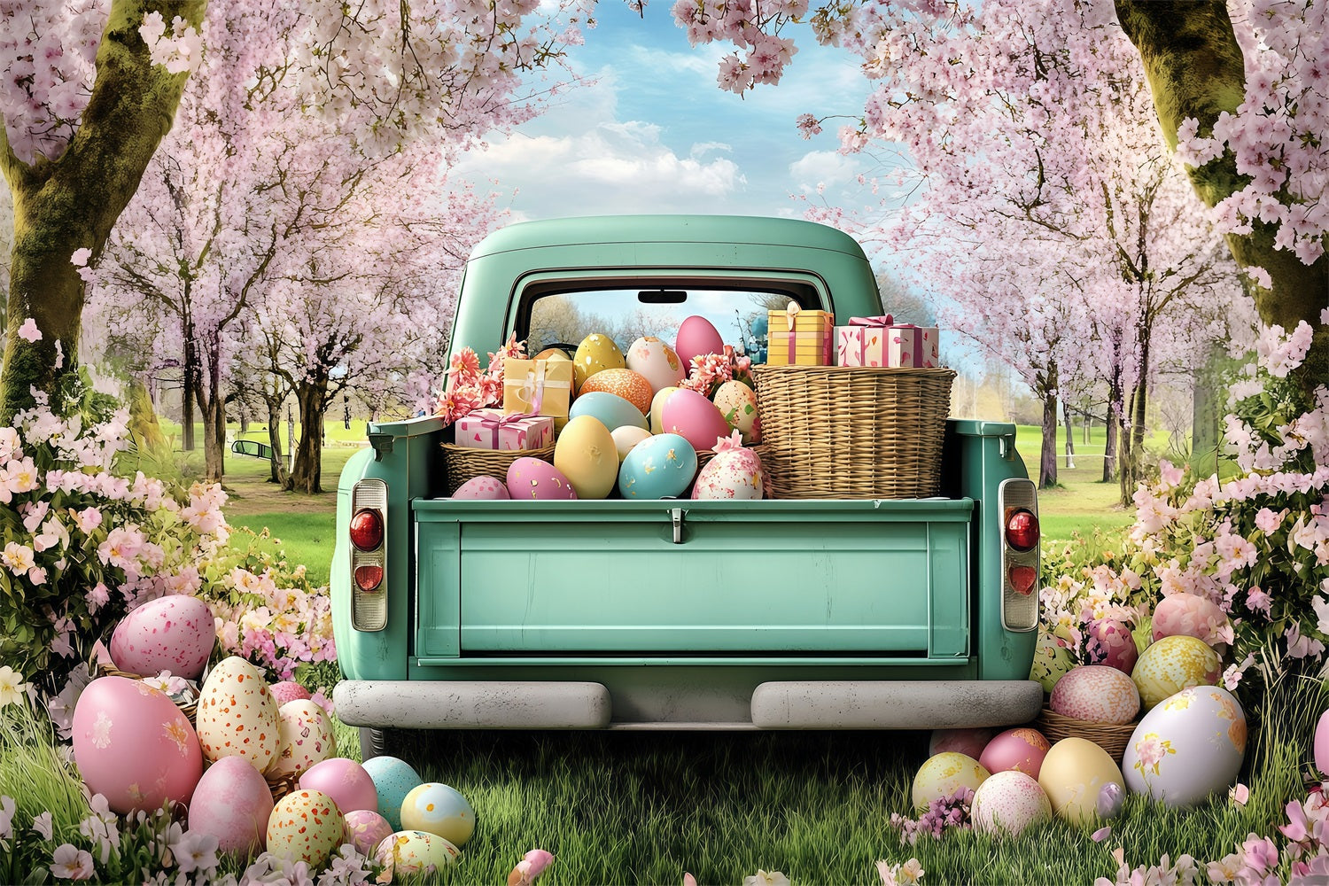 Easter Backdrops Photos Truck Blooming Cherry Trees Backdrop UK BRP1-265