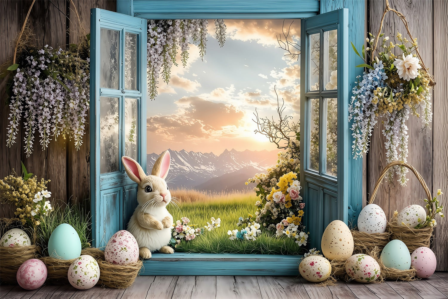 Easter Picture Backdrops Wooden Window Spring Decor Backdrop UK BRP1-266