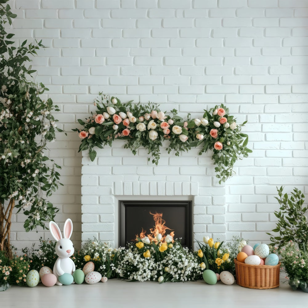 Photo Backdrops Easter White Brick Fireplace Bloom Backdrop UK BRP1-269