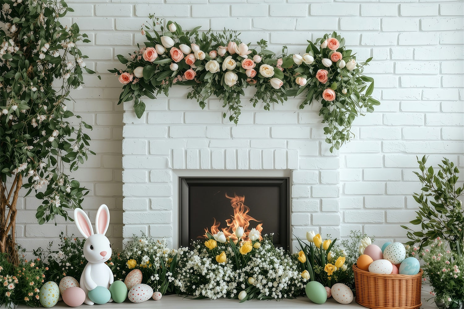 Photo Backdrops Easter White Brick Fireplace Bloom Backdrop UK BRP1-269