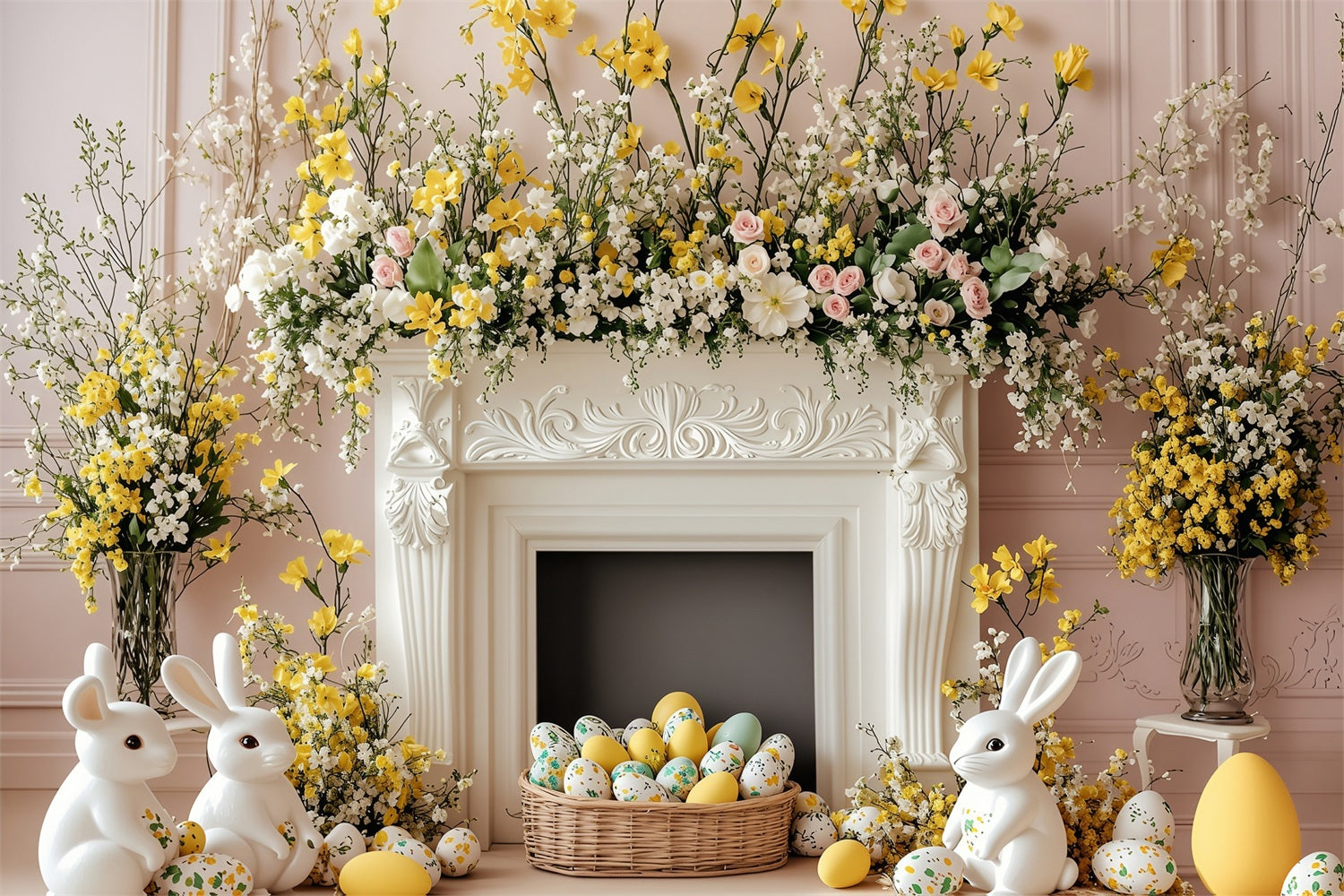 Easter Backdrop Photo Blooming Fireplace Bunny Scene Backdrop UK BRP1-272