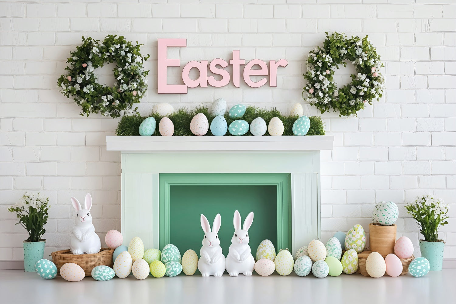 Happy Easter Photo Backdrop Bunny Egg Mantel Backdrop UK BRP1-277