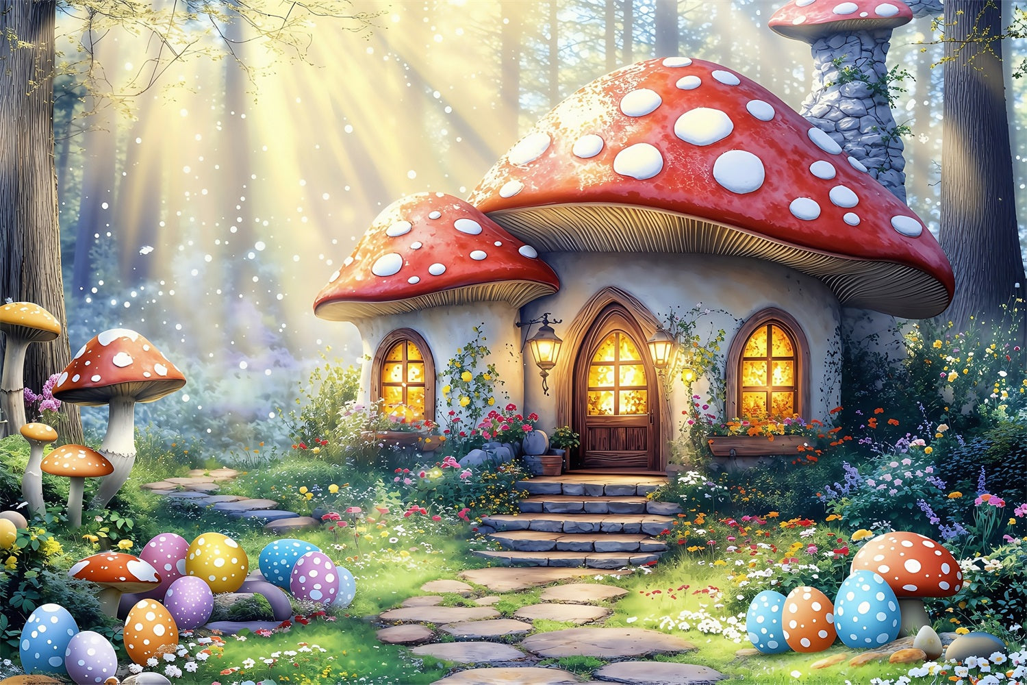 Easter Spring Backdrops Fantasy Mushroom House Eggs Backdrop UK BRP1-281