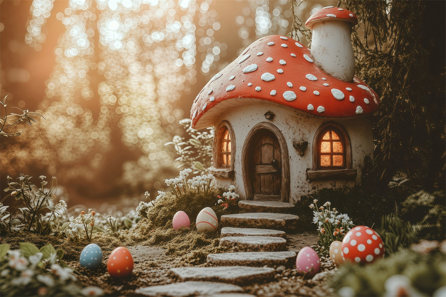 Easter Backdrops Photography Magical Mushroom Cottage Eggs Backdrop UK BRP1-282