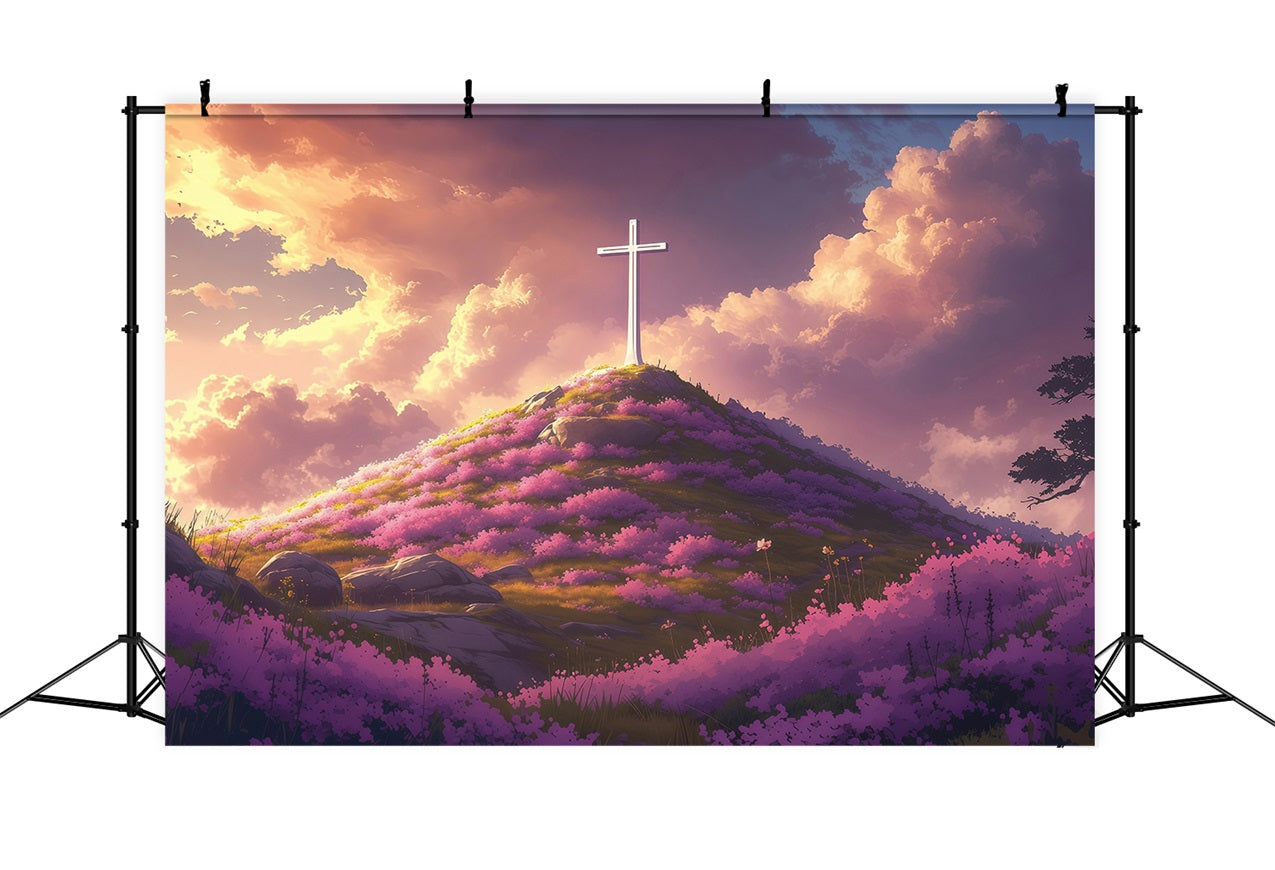 Backdrops Easter Divine Sunset Cross Flowered Hill Backdrop UK BRP1-309