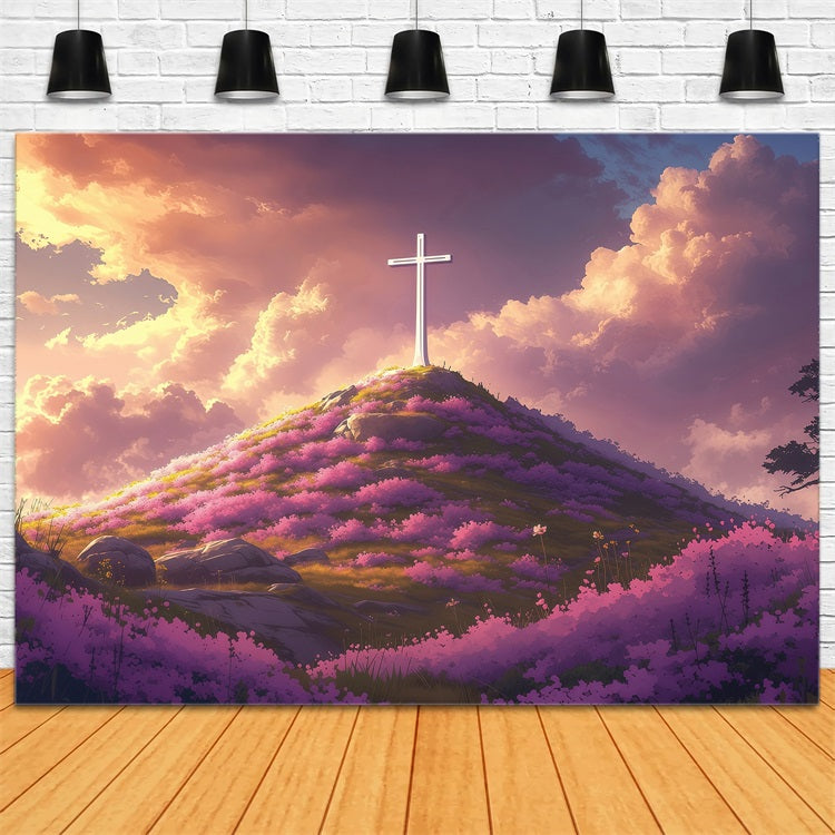 Backdrops Easter Divine Sunset Cross Flowered Hill Backdrop UK BRP1-309