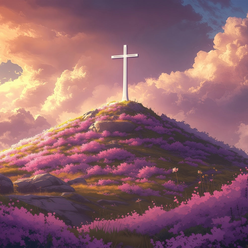 Backdrops Easter Divine Sunset Cross Flowered Hill Backdrop UK BRP1-309