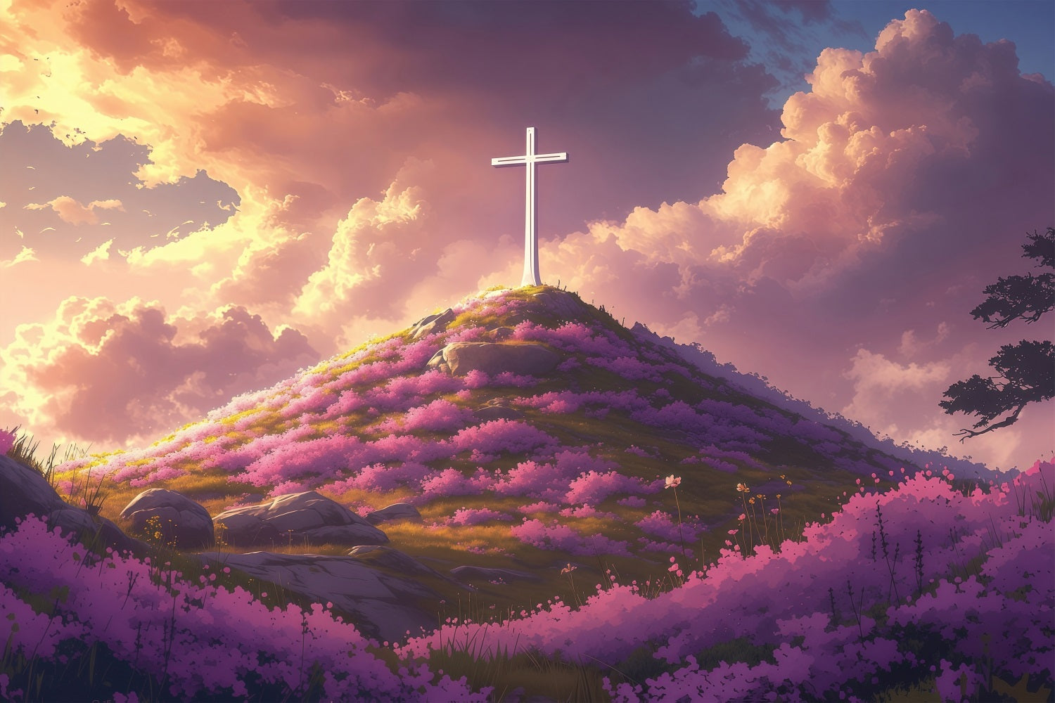 Backdrops Easter Divine Sunset Cross Flowered Hill Backdrop UK BRP1-309