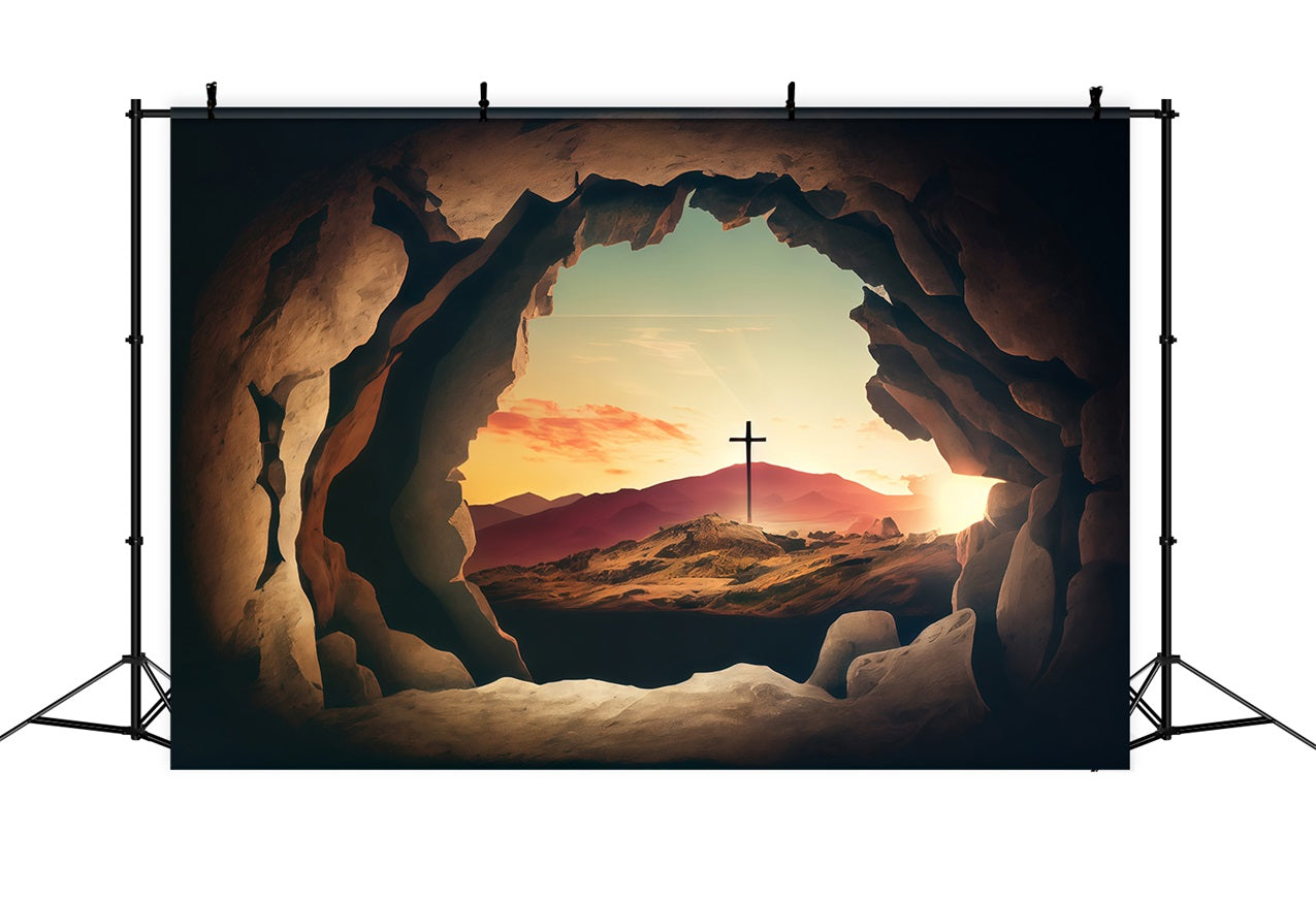 Easter Picture Backdrops Sunset Cross Seen Rocks Backdrop UK BRP1-312