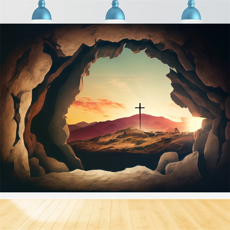 Easter Picture Backdrops Sunset Cross Seen Rocks Backdrop UK BRP1-312