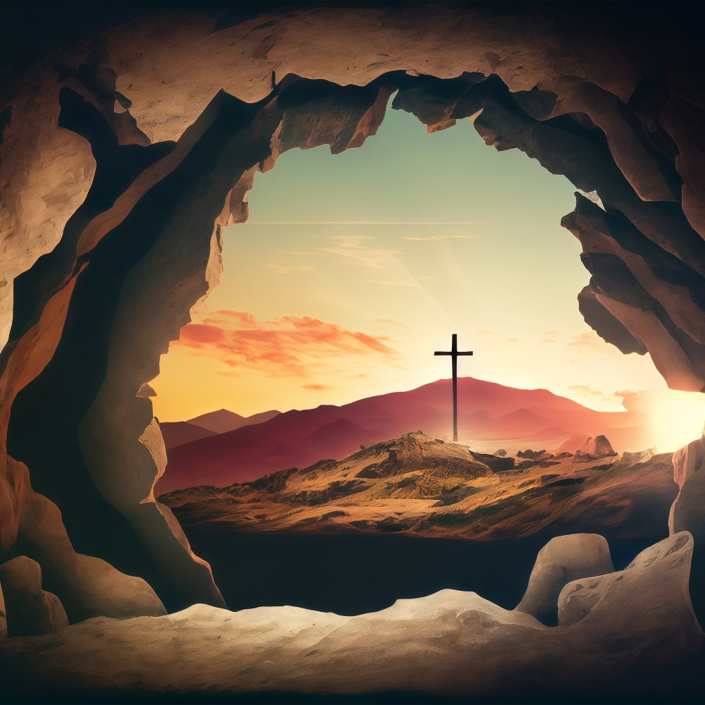 Easter Picture Backdrops Sunset Cross Seen Rocks Backdrop UK BRP1-312