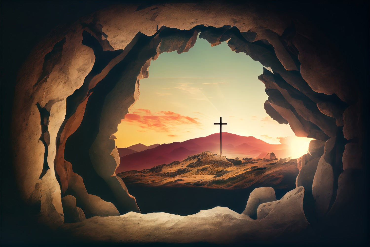 Easter Picture Backdrops Sunset Cross Seen Rocks Backdrop UK BRP1-312