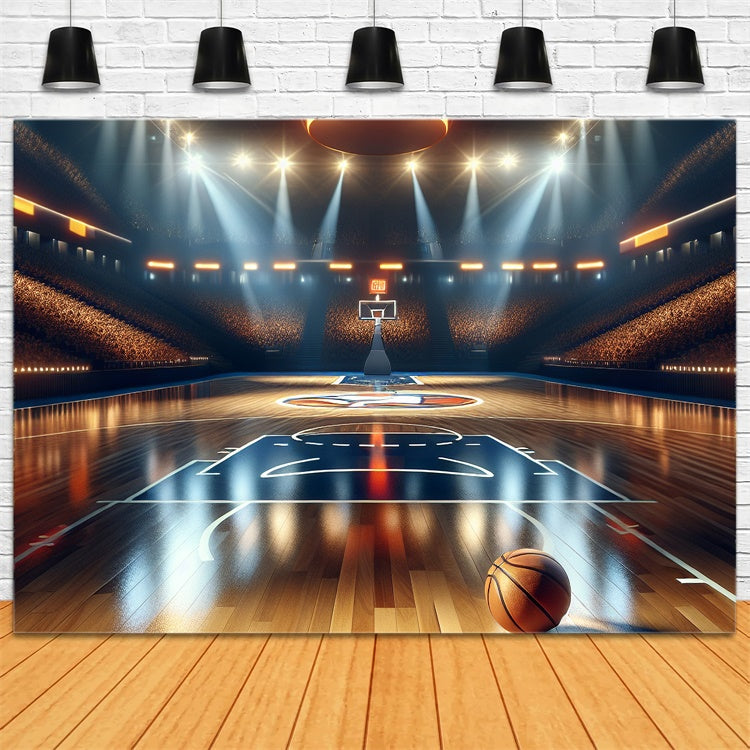 Basketball Photo Backdrop Shining Lights Wooden Court Backdrop UK BRP1-319