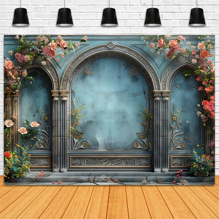 Floral Photo Backdrop Romantic Blue Arch Elegance Backdrop UK BRP1-354