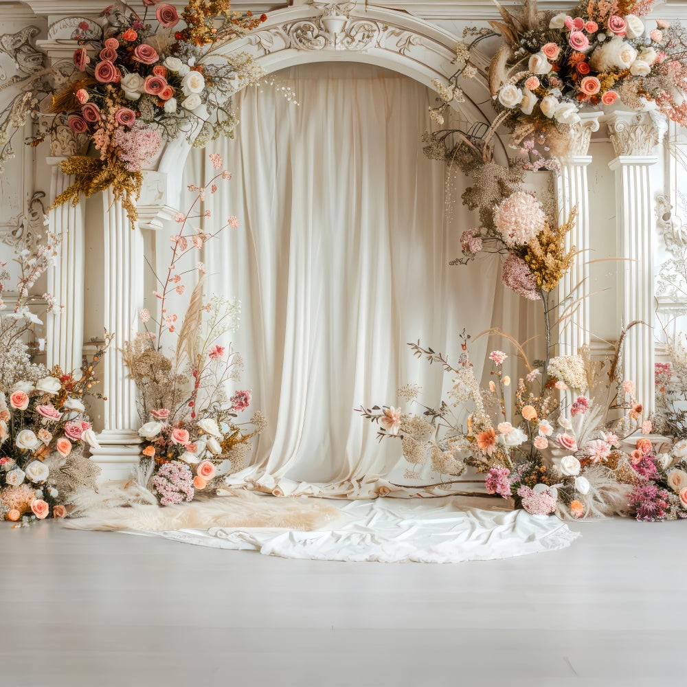 Flower Photo Backdrop Ivory Rose Arched Pillar Backdrop UK BRP1-357